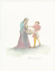 Un paje medieval ayudando a una dama a lavarse las manos