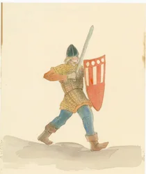 Un soldado medieval con una espada larga en su mano derecha y un escudo en su mano izquierda