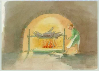 Un niño medieval que gira un asador en la cocina, 2004