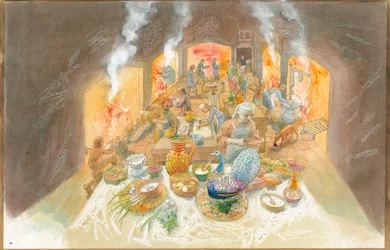 Una escena de cocina altomedieval (acuarela sobre papel)