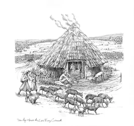 Granjeros y un rebaño de cabras fuera de la casa redonda de la Edad de Hierro, c. 1990-2010