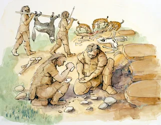 Glaston. Homínidos y hienas, Paleolítico medio a superior (30000 BP), 2001 (acuarela sobre papel).