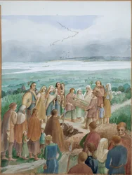 Reconstrucción de una escena funeraria sajona (acuarela sobre papel)