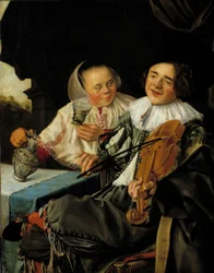 La alegre compañía Un violinista y una mujer sirviéndole una copa de vino, ambos borrachos