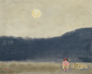 Niño y perro en una noche de luna llena