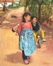 Niños en un camino del pueblo