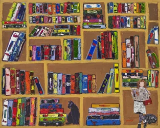 Escena acogedora de lectura junto a una estantería