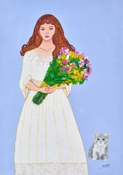 Chica con flores y gatito