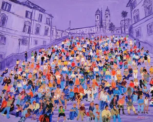 Multitud vestida de morado en la Plaza de España