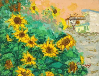 Girasoles y ciudad