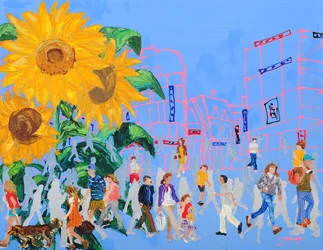 Paseo urbano entre girasoles