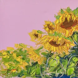 Girasoles vibrantes y cielo rosado