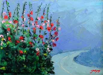 Flores en una carretera sinuosa
