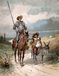 Don Quijote y Sancho Panza, ilustración del libro de Miguel de Cervantes "Histoire de Don Quichotte", grabado según Jules David