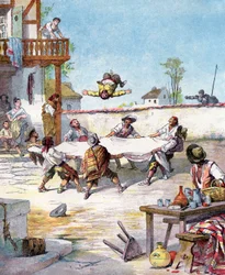 En la posada, Sancho Panza es maltratado, llama a su amo Don Quijote para que le ayude, ilustración del libro de Miguel de Cervantes "Histoire de Don Quichotte", grabado según Jules David.