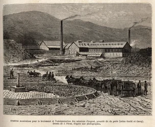 Arrastras mexicanas (zona pisoteada por las patas de las mulas, como en la trilla del trigo) para la molienda y amalgamación de minerales de plata (fábricas Gould y Curry) en las cercanías de Virginia City (Nevada), grabado a partir de un dibujo de J.