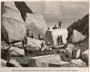 Mormones tallando granito para la construcción del templo. Grabado según el dibujo de J. Ferat, para ilustrar la historia La conquista blanca, por William Hepworth Dixon, en 1875, publicado en Le tour du monde, 1876, editado por Edouard Charton, edición Ha