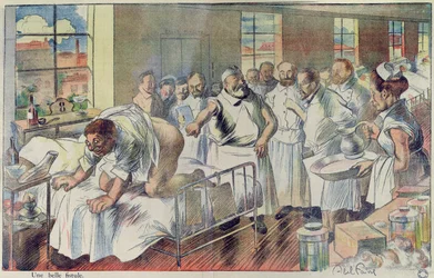 «Una hermosa fístula». Caricatura que se burla de la profesión médica, viñeta de «L