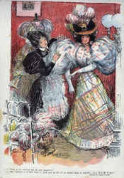 ¿No crees que están un poco exageradas? Dibujo humorístico de Abel Faivre (1867-1945). “La Risa”, n. 45 1895. - Una mujer prueba un nuevo vestido, con dos grandes mangas. Ella pide consejo a su acompañante.