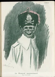 Ilustración de Abel Faivre (1867-1945) en "Fantasio", 01/05/15 - El húsares agradecido - Guerra del 14-18, Alemania Prusiana - Guillermo II, Segador/Compañero - Muerte, Caras sonrientes