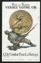 Postal, Satírico en colores, circa 1915: Por Francia, Vierte tu oro - Guerra del 14-18, Alemania Prusia, Plata, Beligerantes y símbolos, Victoria, Préstamo, Jornadas patrióticas - Gallo - Ilustración de Abel Faivre (1867-1945)