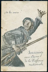 Tarjeta postal para la suscripción al empréstito de la Defensa Nacional que muestra a un soldado yendo al frente mientras grita: «¡Los venceremos!»