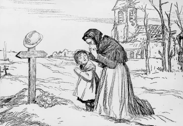 Viuda y su pequeña hija llorando sobre la tumba de su padre y esposo durante la Primera Guerra Mundial, 1 de noviembre