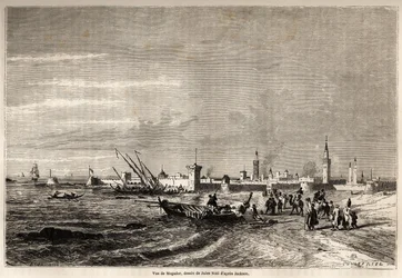 Vista de Essaouira (anteriormente Mogador), dibujo de Jules Noel (1810-1881), para ilustrar el viaje de Mr.F. Schickler a Marruecos en 1860. Grabado en “Le tour du monde, nuevo diario de viajes” París