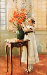 Una joven arreglando flores de primavera