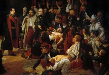 El emperador Napoleón III visita a los heridos franceses, piamonteses y austriacos de la batalla de Montebello a las ambulancias de Voghere en mayo de 1859 Detalle. Pintura de Jules Rigo (1810-1892) 1859 París, Museo del Valle de Gracia