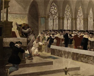 Un Cordelier, intentando quitarse el alba, muestra su espalda en una misa para la Corte ante los ojos de Panurge. Pantagruel. Ilustración de Jules Garnier. En "Rabelais et l