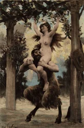 Una criatura mitad hombre mitad animal lleva al hombro a una mujer desnuda en el viñedo que conduce al Templo de la Botella. Pantagruel. Ilustración de Jules Garnier. En "Rabelais et l