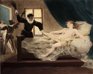Un hombre azotando a una joven sorprendida en la cama el Día de los Inocentes. Pantagruel. Ilustración de Jules Garnier. En "Rabelais et l
