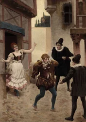 Un hombre huyendo, después de que su esposa se encuentra su palabra. A su lado, el médico y el cirujano que operaron a su mujer. Pantagruel. Ilustración de Jules Garnier. Rabelais y la obra de Jules Garnier