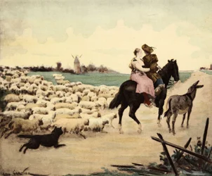 Una mansión y un pastor a caballo. Un burro tiene su derecho. La oveja y el perro del pastor siguiente. Pantagruel. Ilustración de Jules Garnier. En "Rabelais et l