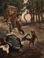 Una mujer, recogiendo leña en el bosque de Bievre, asustada por un León y un Zorro. Pantagruel. Ilustración de Jules Garnier. En "Rabelais et l