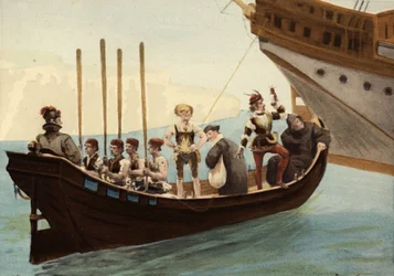 Barco en el puerto de la isla de Papimania. De derecha a izquierda: un monje, un cetrero, un procurador, un viticultor de Orleans. Pantagruel. Ilustración de Jules Garnier. En "Rabelais et l