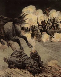 El Hermano Etienne Tappecoue escurre por su caballo después de haber sido afligido por aldeanos disfrazados de Diablo. Pantagruel. Ilustración de Jules Garnier. En "Rabelais et l