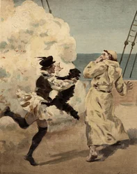El hermano Jean, asustado por el gato Rodilardus que tiene Panurge. Pantagruel. Ilustración de Jules Garnier. En "Rabelais et l
