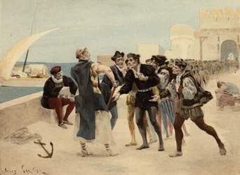 El Hermano Jean, monje de la Abadía de Seuille, ofreciendo veinte ecus de oro a los Chiquanous por quien acepte ser vencido. Pantagruel. Ilustración de Jules Garnier. En "Rabelais et l