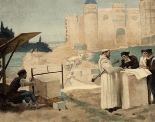 El hermano Jean, monje de la abadía de Seuille, supervisa la construcción de la abadía de Theleme. Gargantúa. Ilustración de Jules Garnier. En "Rabelais et l