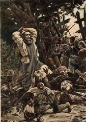 El hermano Jean, monje de la abadía de Seuille, golpea con un palo a los soldados del ejército de Picrochole, rey de Lerne. Gargantúa. Ilustración de Jules Garnier. En "Rabelais et l