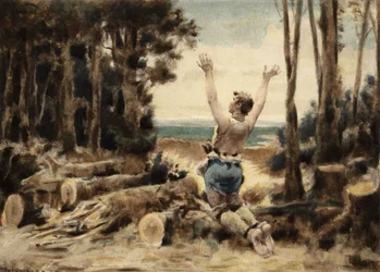Couillatris, un leñador del pueblo de Gravot, cerca de Chinon, lamentándose de haber perdido su hacha. Pantagruel. Ilustración de Jules Garnier. En "Rabelais et l