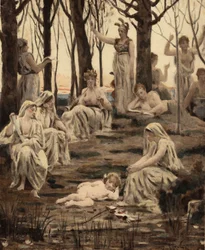 Cupido durmiendo entre las Musas. Su arco y sus flechas están a sus pies. Venus (Afrodita), su madre, arriba en el centro. Pantagruel. Ilustración de Jules Garnier. En "Rabelais et l