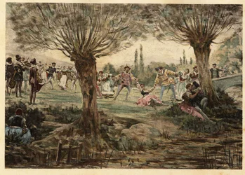 Bailarines y músicos durante la fiesta del Mardi Gras. Gargantúa. Ilustración de Jules Garnier. En "Rabelais et l