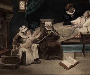 Gargamelle dando a luz a Gargantúa por la oreja izquierda. Gargantúa. Ilustración de Jules Garnier. En "Rabelais et l