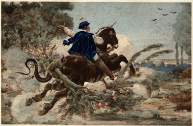 Gargantúa en su yegua destruyendo el bosque de Beauce. Gargantúa. Ilustración de Jules Garnier. En "Rabelais et l