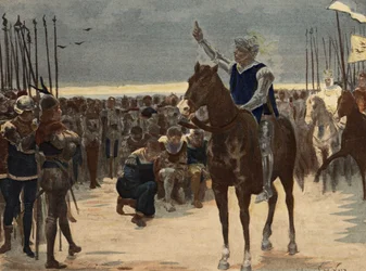 Gargantúa, vencedor del ejército de Picrochole, rey de Lerna, dirigiéndose a los vencidos. Gargantúa. Ilustración de Jules Garnier. En "Rabelais et l