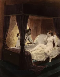 El Gran Thibeault esconde un mazo a la espalda. Su mujer está tumbada en la cama. Pantagruel. Ilustración de Jules Garnier. En "Rabelais et l