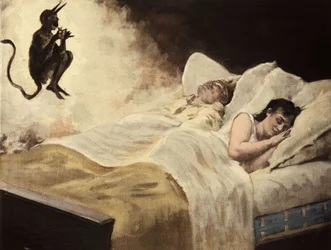 Hans Caruel (Carufel), el rey de Melinde, y su esposa dormidos en su cama. Satán regala al marido un anillo para que su mujer le sea fiel. Pantagruel. Ilustración de Jules Garnier. Rabelais y la obra de Jules Garnier